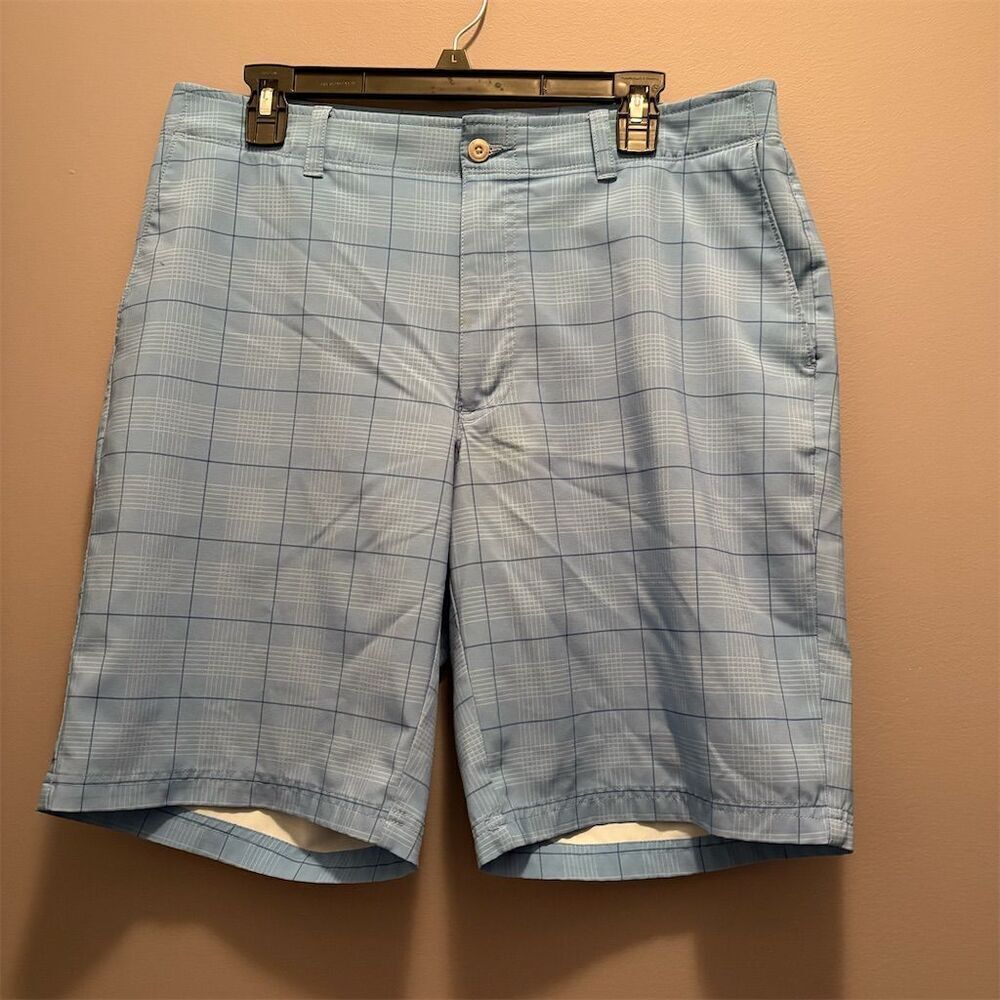 Grand Slam Men's Plaid Chino Shorts Blue Size 36 Casual Flat Front